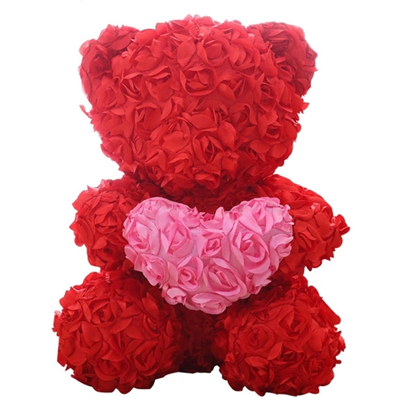 Red Color Rose Pattern Plush Teddy Bear with Pink Heart